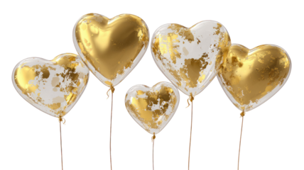 Gold heart shaped foil balloons luxury romantic celebration party decoration glossy metallic floating collection isolated on white background