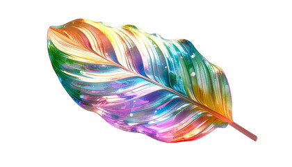 Isolated, radiant, rainbow-hued leaf with visible veining on black background