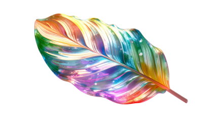 Isolated, radiant, rainbow-hued leaf with visible veining on black background