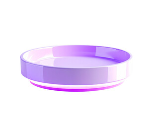 A shiny, elevated, purple ceramic bowl against a stark black background