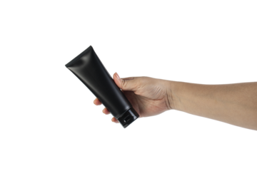 Black cosmetic product or sunscreen cosmetic with hand on transparent background.