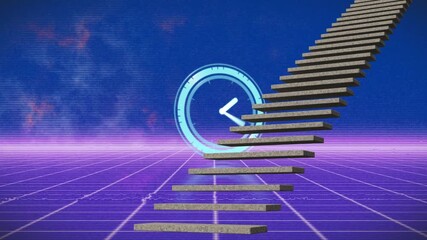 Animation of glitch effect against neon ticking clock and stairs over purple grid network - Powered by Adobe