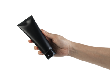 Black cosmetic product or sunscreen cosmetic with hand on transparent background.
