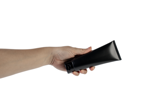 Black cosmetic product or sunscreen cosmetic with hand on transparent background. - Powered by Adobe