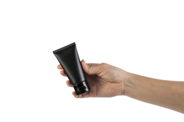 Black cosmetic product or sunscreen cosmetic with hand on transparent background.