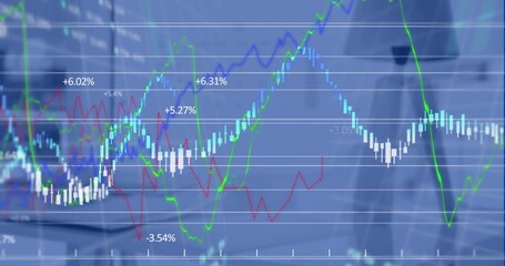 Animation of statistics and financial data processing over desk in office - Powered by Adobe