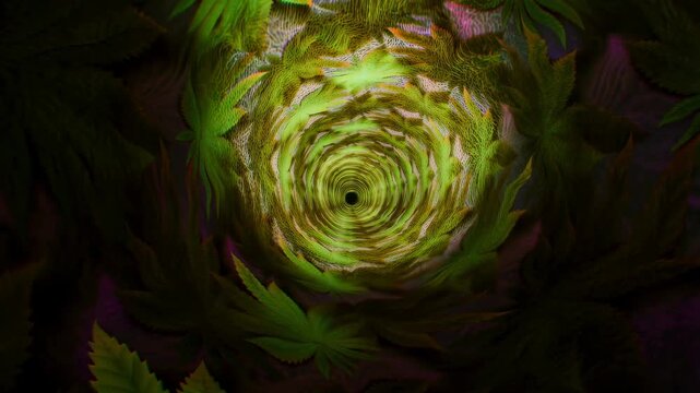 Spiraling green foliage creating a mesmerizing tunnel effect. Represents nature's beauty and the calming influence of greenery