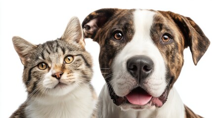 Fototapeta premium A dog and a cat stand close to each other showing a bond. The scene takes place in a studio with a plain background. Both animals look at the viewer.