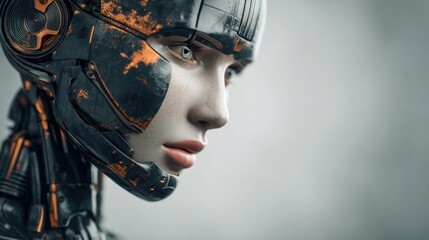 A human like robot head is displayed in a close up view. The design features synthetic materials and intricate details. The background is neutral focusing on the robot's unique features.