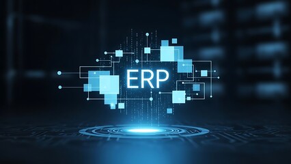 Modern ERP system interface with glowing blue circuits and futuristic design