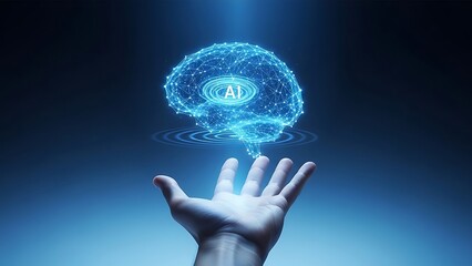 Hand presenting futuristic AI brain with glowing blue circuits and networks