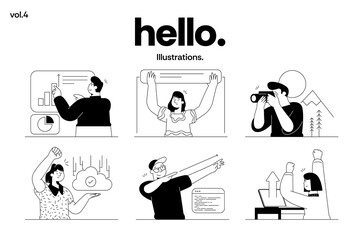 A modern collection of minimal black-and-white line illustrations featuring business characters, creative professionals, productivity scenes, and digital workspace concepts. Vector illustration