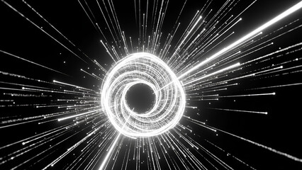 Abstract glowing white spiral tunnel with light trails on black background