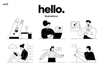 A modern collection of minimal black-and-white line illustrations featuring business characters, creative professionals, productivity scenes, and digital workspace concepts. Vector illustration