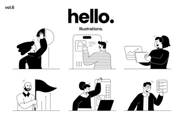 A modern collection of minimal black-and-white line illustrations featuring business characters, creative professionals, productivity scenes, and digital workspace concepts. Vector illustration