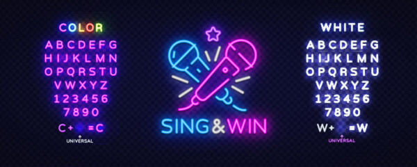 Neon karaoke sign and win lettering with microphones and dual alphabet blocks. Ideal for promotions or party ads.