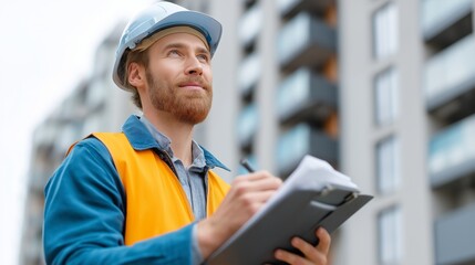 Focused civil architect engineer inspects a modern construction site in the city. Armed with a clipboard, he evaluates details and ensures quality on a clear day