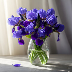 Beautiful Bouquet of Fresh Purple Irises in Clear Glass Vase with Natural Light ... © Alpona Desing Store