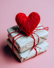 Celebrating love with heart-shaped gift wrapping studio setting photo soft pastel background close-up romantic concept