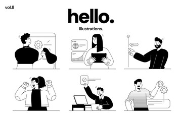 A modern collection of minimal black-and-white line illustrations featuring business characters, creative professionals, productivity scenes, and digital workspace concepts. Vector illustration
