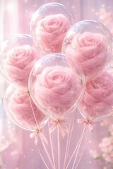 Delicate pink cotton candy roses float inside a transparent balloon, blending sweetness, fantasy, and surreal floral creativity.

