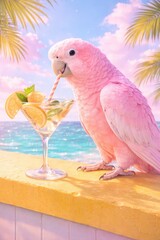 Pink parrot sipping a cocktail by the beach, blending surreal humor, tropical vibes, and vibrant summer fantasy scenery.
