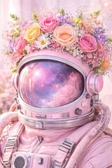 Pink astronaut helmet decorated with flowers reflects a galaxy scene, blending space fantasy with whimsical floral beauty.
