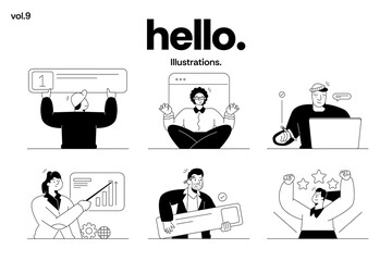 A modern collection of minimal black-and-white line illustrations featuring business characters, creative professionals, productivity scenes, and digital workspace concepts. Vector illustration
