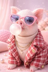 Surreal Fashion Pig Blowing Bubble Gum
