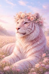Regal white tiger wearing a flower crown rests in a dreamy pastel field, combining wild power with soft fantasy elements.
