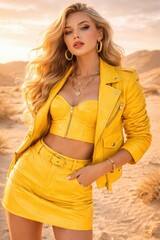 Stylish woman in bright yellow outfit poses in a surreal desert landscape, blending bold fashion with warm, cinematic scenery.
