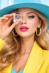 Elegant woman with flawless makeup holds a crystal near her eye, creating a surreal beauty concept with luxury and modern glamour.
