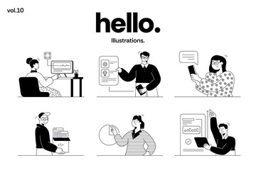 A modern collection of minimal black-and-white line illustrations featuring business characters, creative professionals, productivity scenes, and digital workspace concepts. Vector illustration