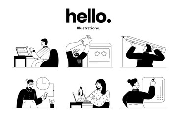 A modern collection of minimal black-and-white line illustrations featuring business characters, creative professionals, productivity scenes, and digital workspace concepts. Vector illustration