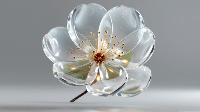 Transparent glass flower with delicate petals and golden stamen showcasing intricate design and craftsmanship, highlighting the beauty of nature through artistic glasswork in a minimalist setting
