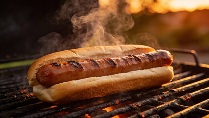Grilled sausage in a bun on barbecue with smoke and sunset background  