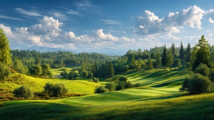 A rural scene shows green hills and trees under a bright sky filled with clouds. Sunlight shines on the landscape. This scene represents natural beauty in wide open space.