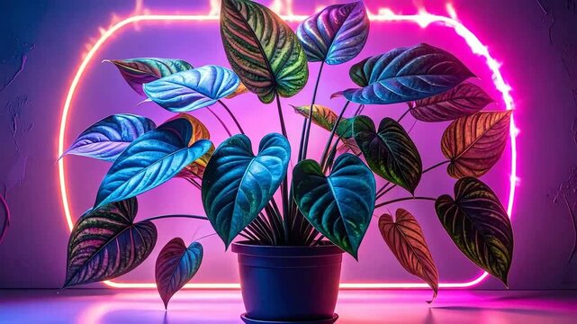 Lush philodendron plant in a pot, illuminated by vibrant neon light, creating a modern botanical display.