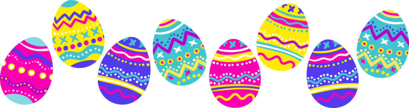 neon easter egg border with colorful patterned eggs in vibrant pink blue and yellow isolated on white background banner
