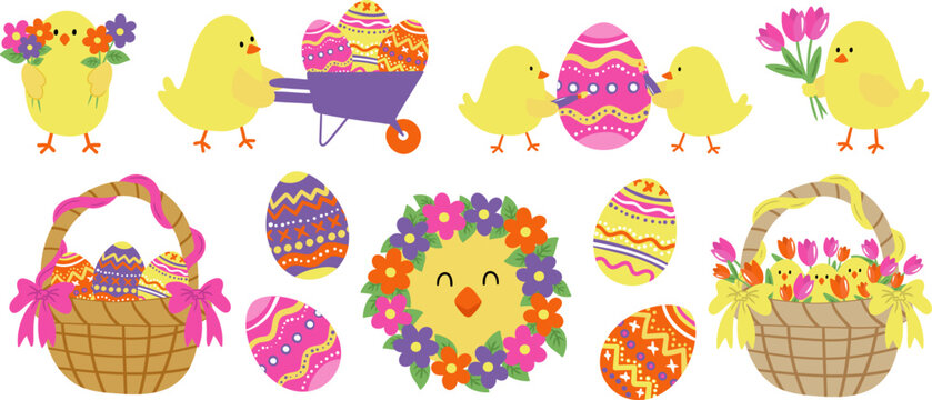 easter baby chicken vector set cute yellow chicks painted eggs and spring tulip flowers isolated for holiday design greeting cards stickers