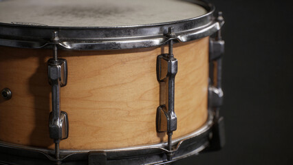 Fototapeta premium Closeup of wooden snare drum on dark background 
