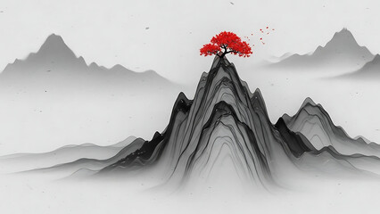 New Chinese style artistic conception ink wash landscape painting with misty mountain peaks and vibrant red tree on white background
