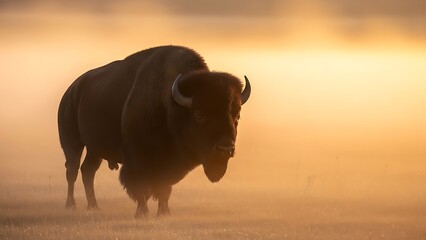 Majestic American Bison Silhouette in Golden Fog at Sunrise