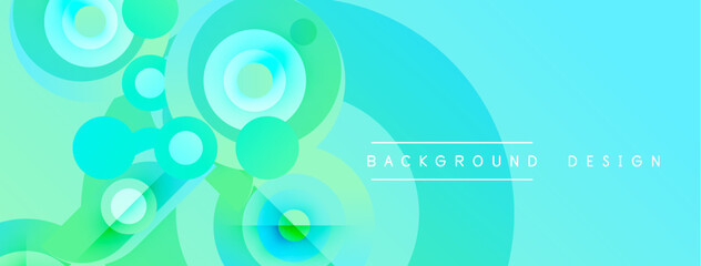 Abstract background features overlapping circles, vibrant turquoise, lime hues. Modern design elements create dynamic visual effect.