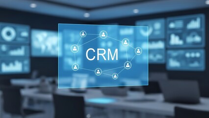 Modern office with CRM customer relationship management concept on screen
