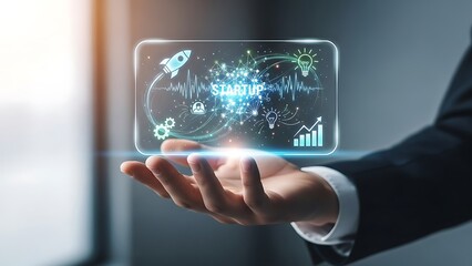 Businessman presenting innovative startup concept with glowing digital interface