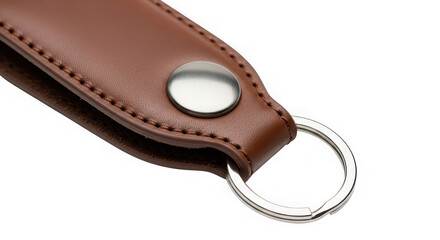 A close-up studio shot showcases the details of a brown leather keychain with metal hardware  isolated on transparent background
