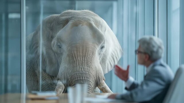 an elephant in a human conference room,