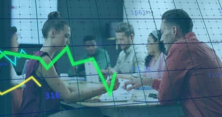 Animation of graph processing data over diverse colleagues discussing at casual meeting - Powered by Adobe