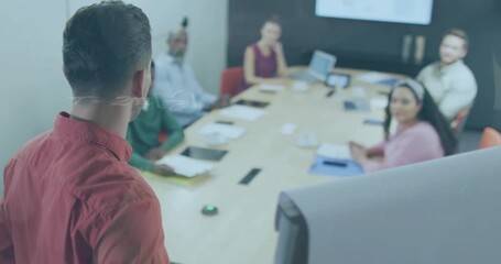 Animation of financial data processing over diverse business people in office - Powered by Adobe